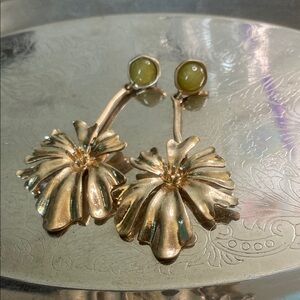 Gold Floral Drop Earrings with Green Accents